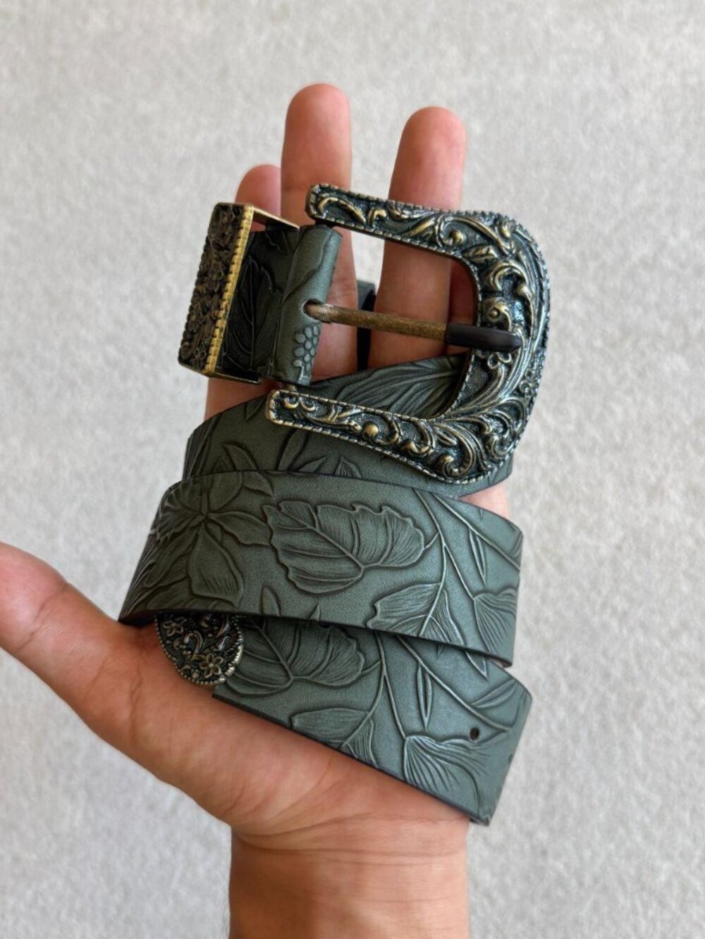 Olive Floral Embossed Western Buckle Belt
